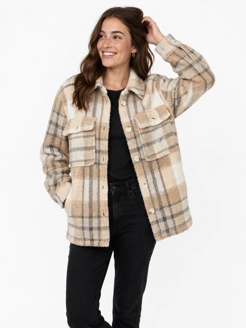 Abercrombie And Fitch M Beige Plaid Sherpa Fleece Shacket Jacket